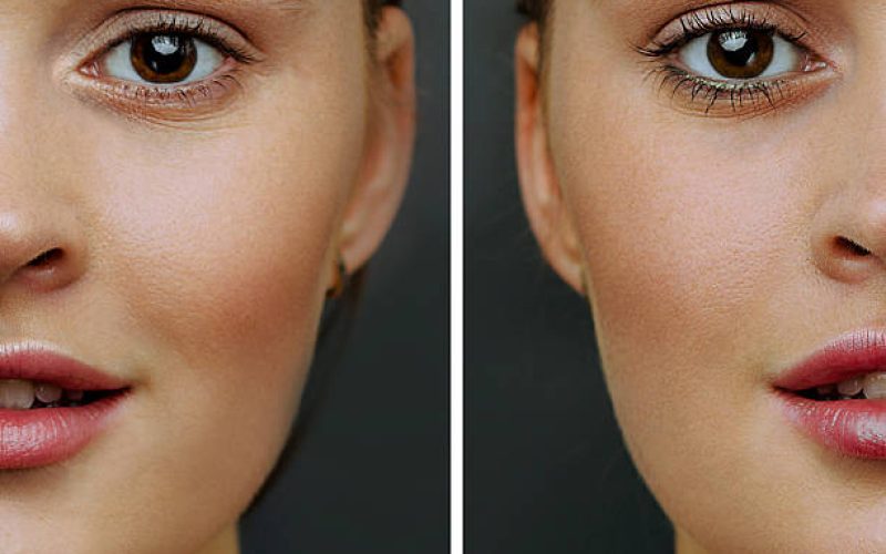 Female face, with perfect skin, cut in half to present before and after  coloring, styling eyebrows.